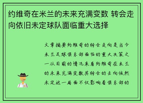 约维奇在米兰的未来充满变数 转会走向依旧未定球队面临重大选择