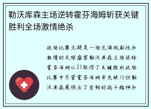 勒沃库森主场逆转霍芬海姆斩获关键胜利全场激情绝杀